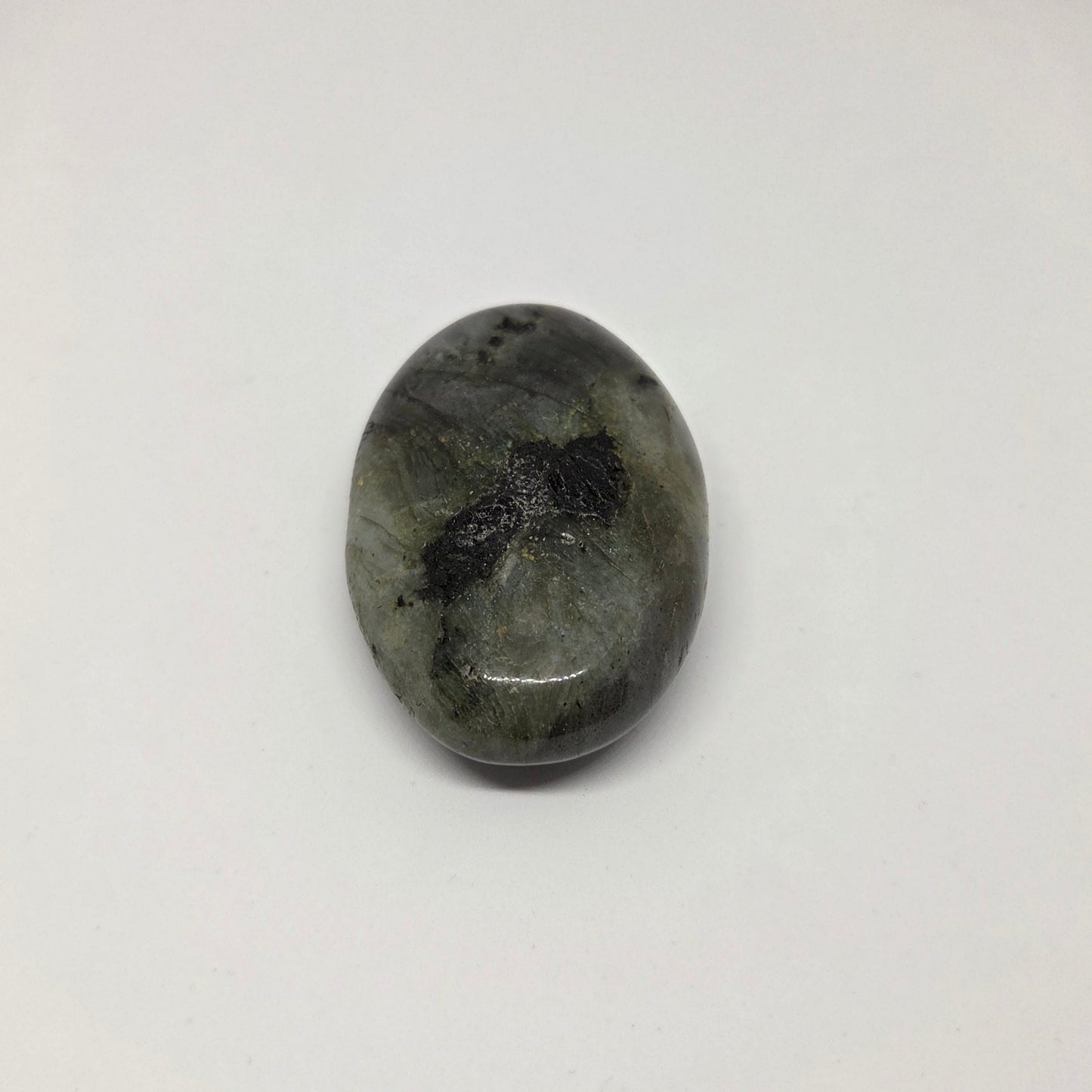 Oval-shaped stone with dark markings on a white background