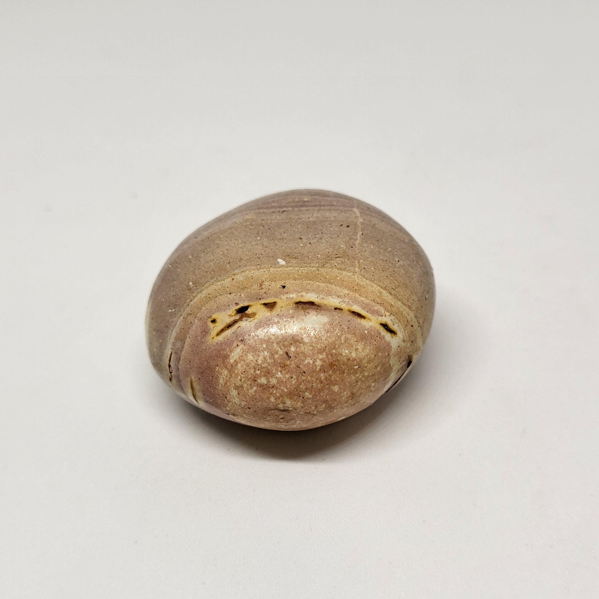 A Polychrome Jasper stone with a smooth, rounded shape and a mottled pattern of beige, gray, and hints of red.