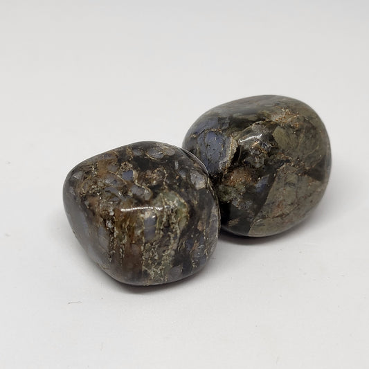 Polished pieces of Que Sera Jasper with varying shades of blue, green, brown, and white colors.