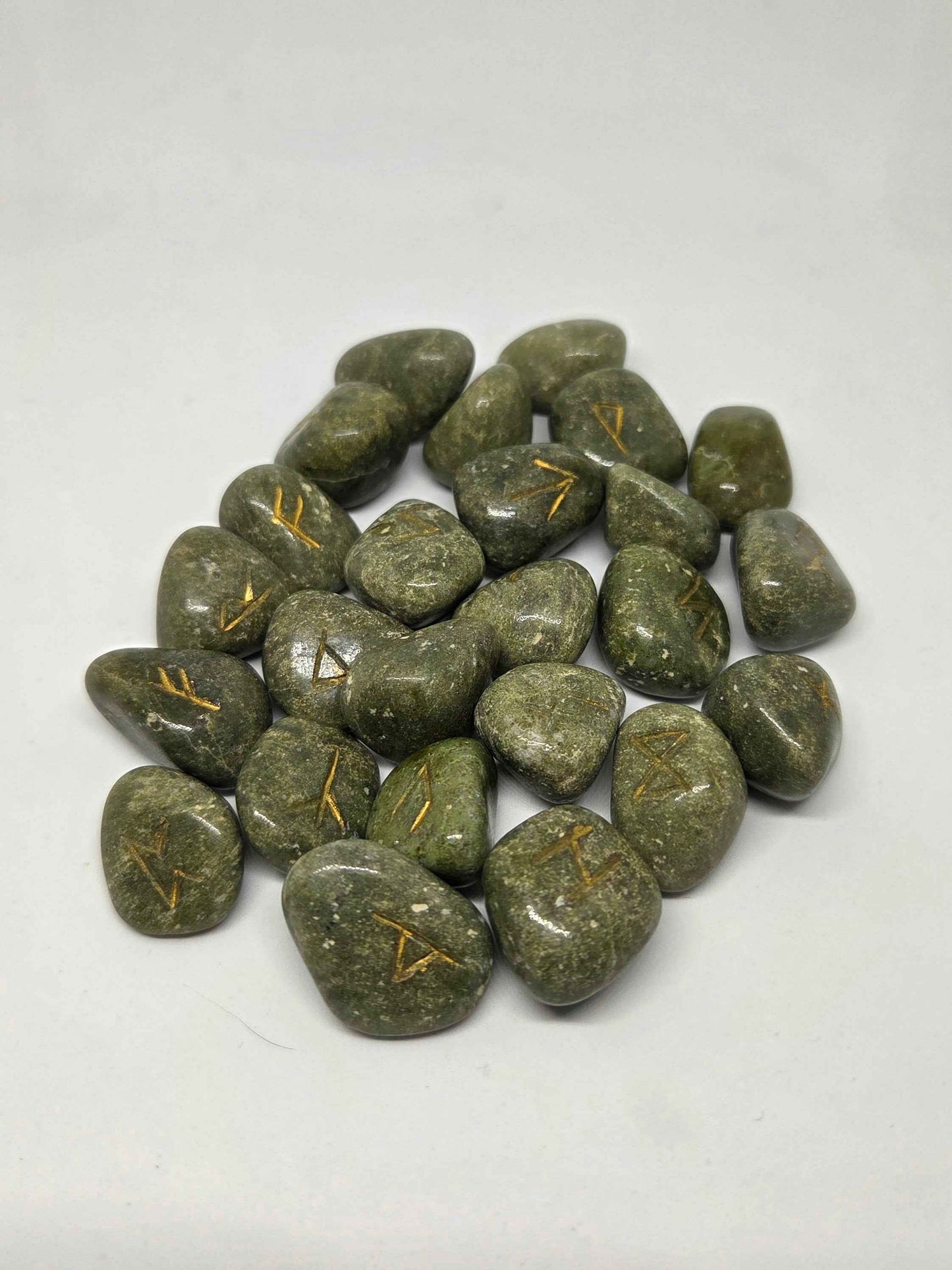 Natural Vesuvianite Rune Stones with Hand-Carved Symbols