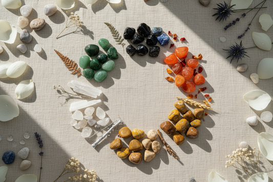 Five Elements in Feng Shui crystals arranged in a circle representing Wood, Fire, Earth, Metal, and Water elements for balance and harmony