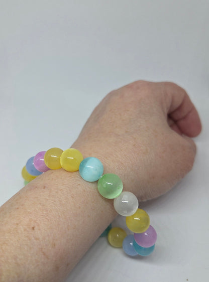 Pastel Rainbow Dyed Selenite Bracelet — Multicolour Stretch Bracelet