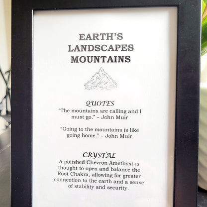 A framed print with a white border displaying text related to 'Earth's Landscapes - Mountains', including a quote by John Muir.