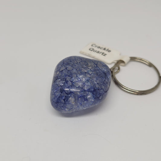 A blue crackle quartz stone attached to a keychain with a label showing the name 'Crackle Quartz'.