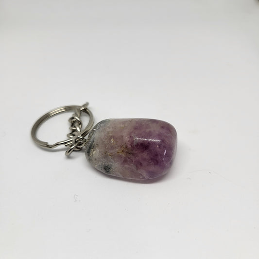 A purple agate crystal keychain against a white background