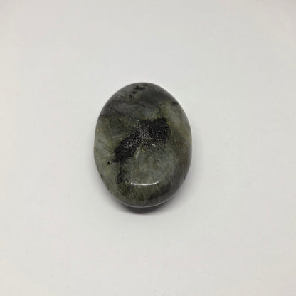 Oval-shaped stone with dark markings on a white background
