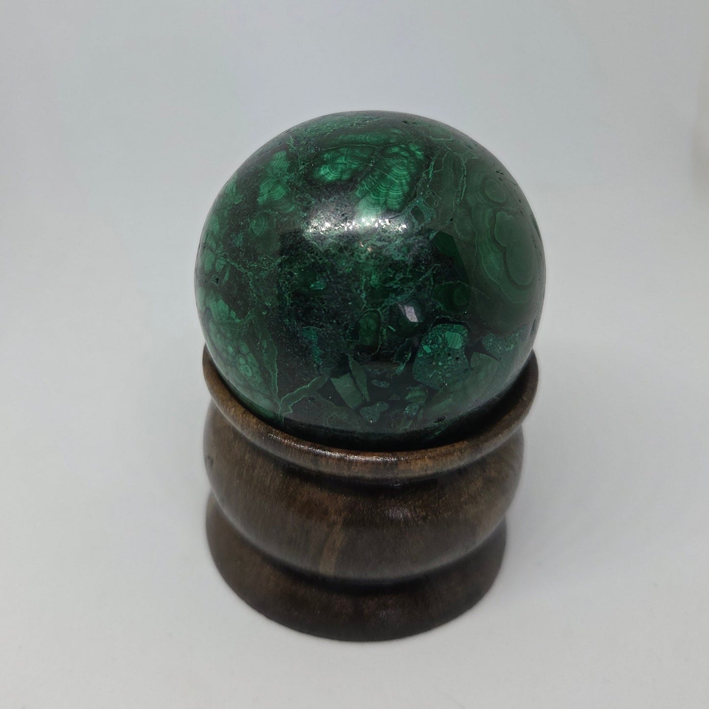 Malachite Healing Sphere, close up, rotated view