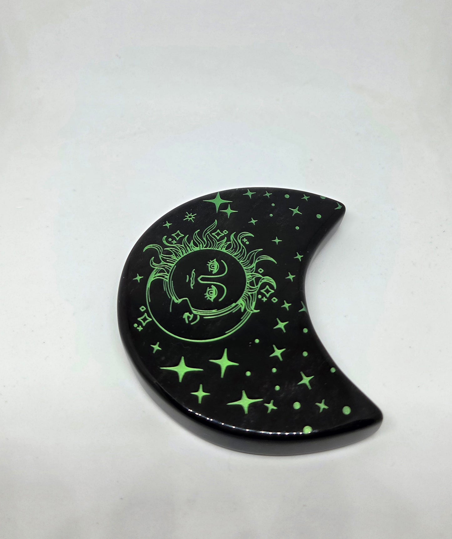 Black Obsidian Crescent Moon Celestial Engraving Angle View