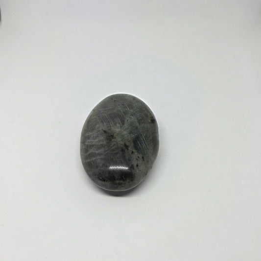  polished labradorite palm stone showing blue-green iridescent flash 