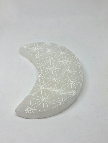 Selenite Crescent Moon with Flower of Life Sacred Geometry Engraving