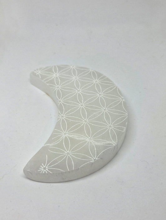Selenite Crescent Moon with Flower of Life Sacred Geometry Engraving