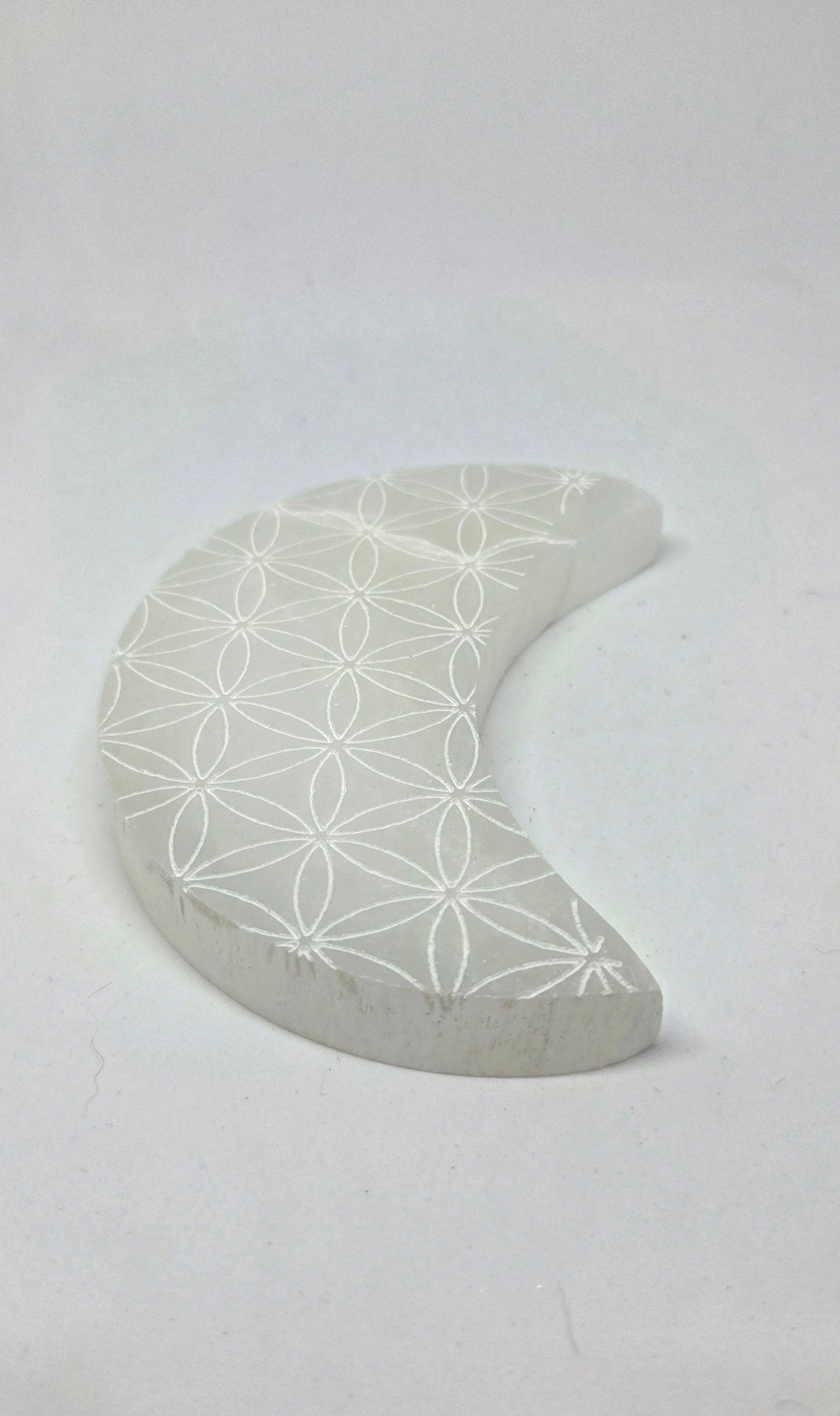 Selenite Moon Carving with Flower of Life Pattern for Spiritual Energy