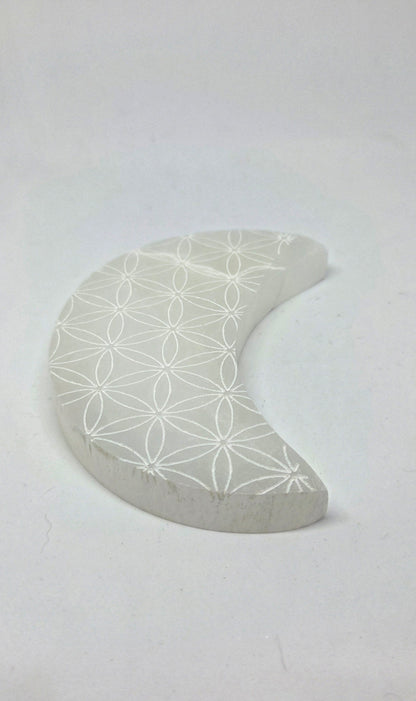 Selenite Moon Carving with Flower of Life Pattern for Spiritual Energy