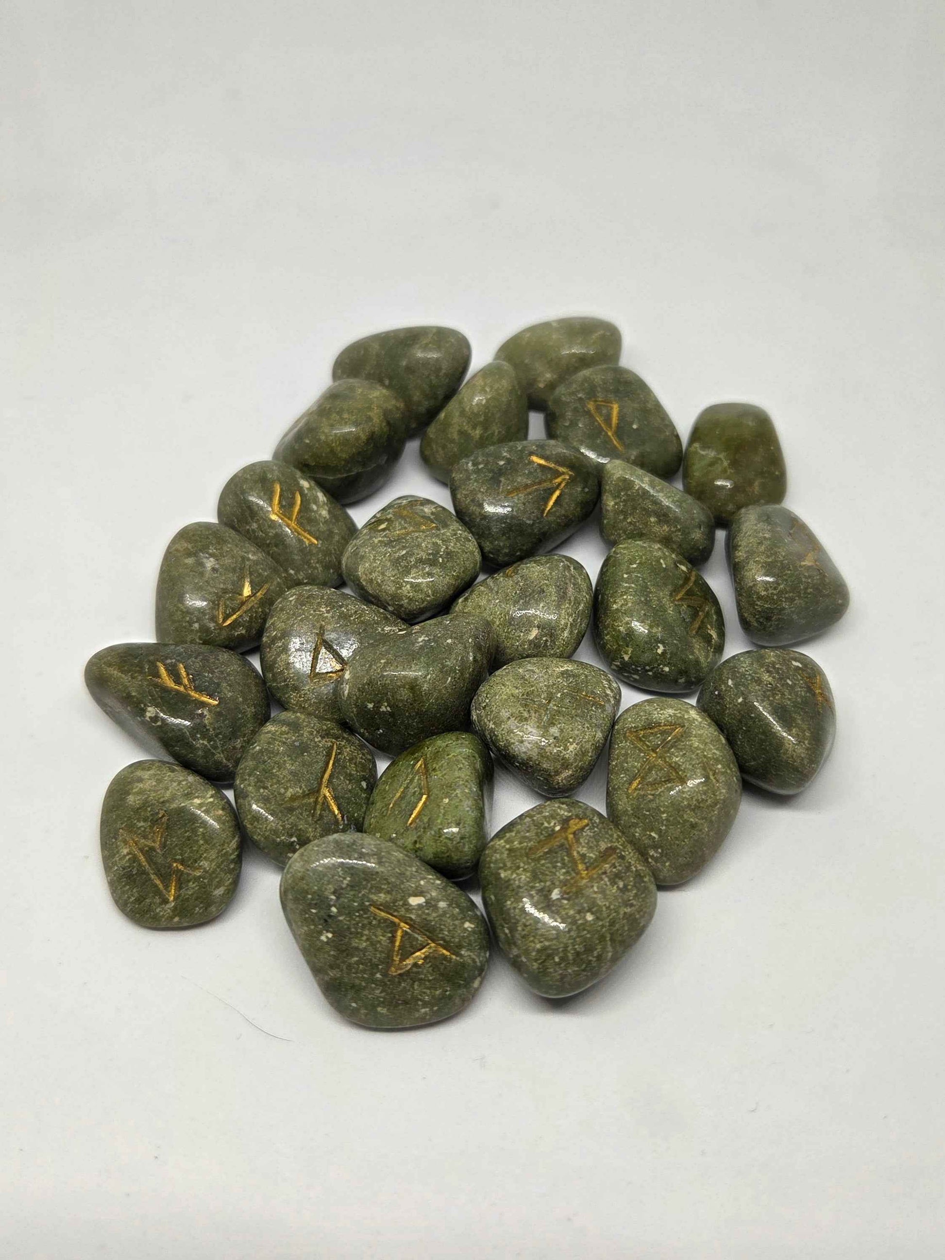 Natural Vesuvianite Rune Stones with Hand-Carved Symbols