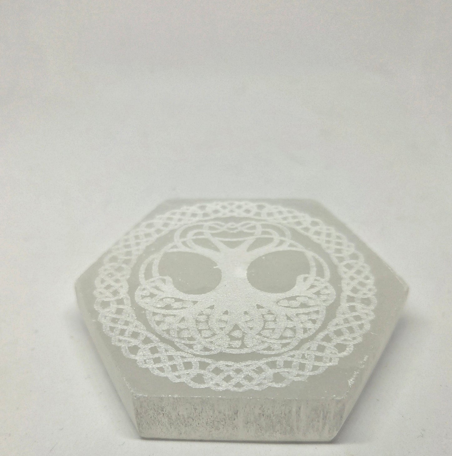 White Selenite Octagon Charging Plate with Tree of Life for Crystal Cleansing