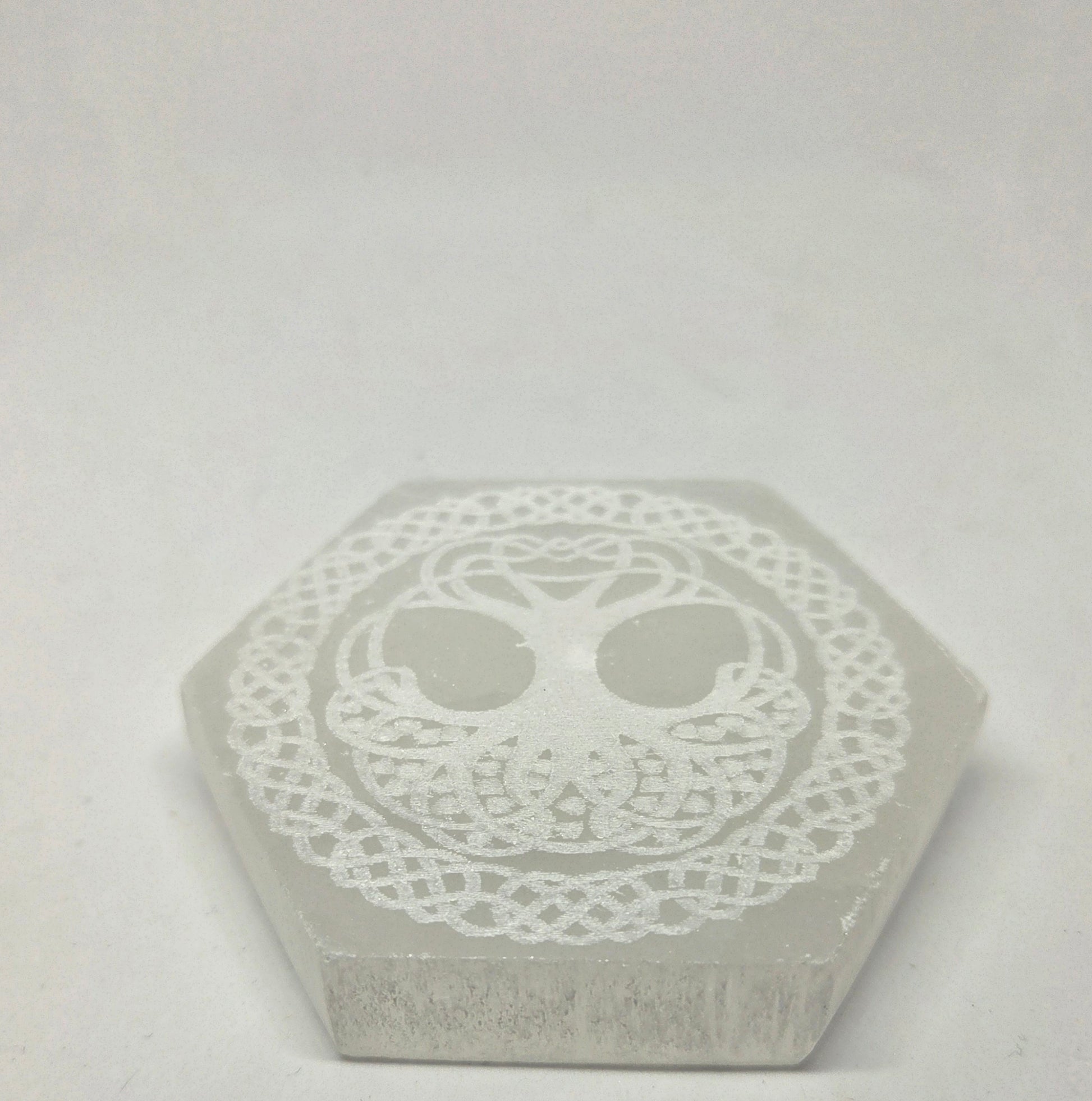 White Selenite Octagon Charging Plate with Tree of Life for Crystal Cleansing