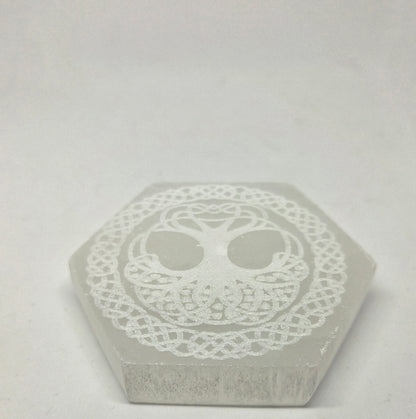 White Selenite Octagon Charging Plate with Tree of Life for Crystal Cleansing