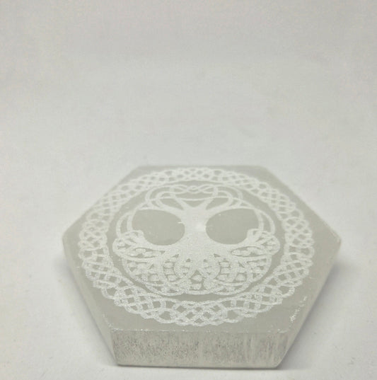White Selenite Octagon Charging Plate with Tree of Life for Crystal Cleansing